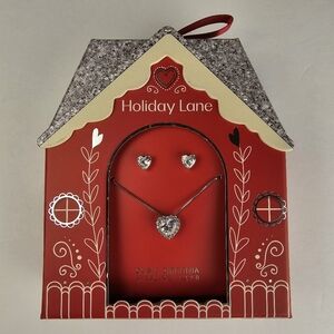 Holiday Lane 2 PC CZ Heart Pendant Necklace & Stud Earring Set Sterling Silver